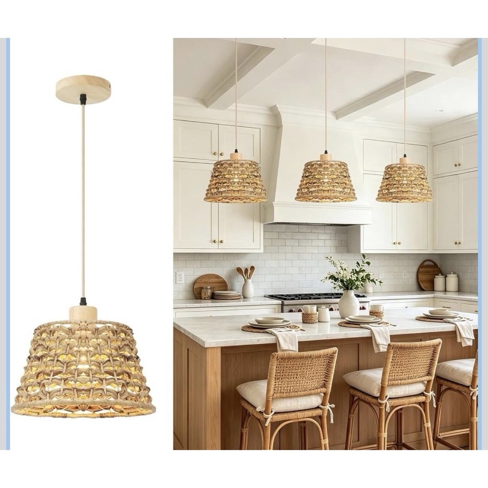 Boho Pendant Light, 12" 1-Light Hand-Woven Wicker Pendant Light with Wate